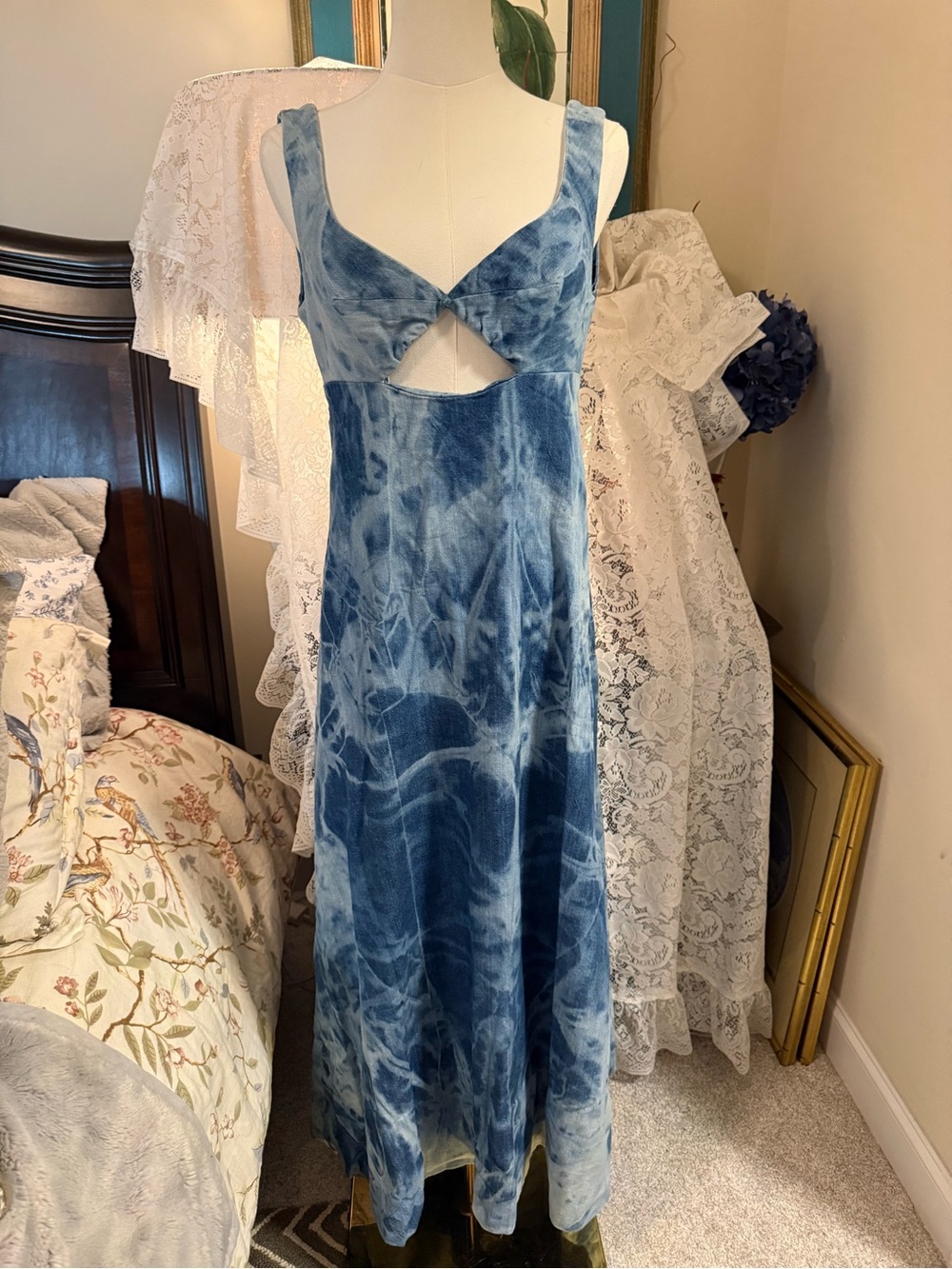Blue Tie-Dye Cutout Maxi Dress